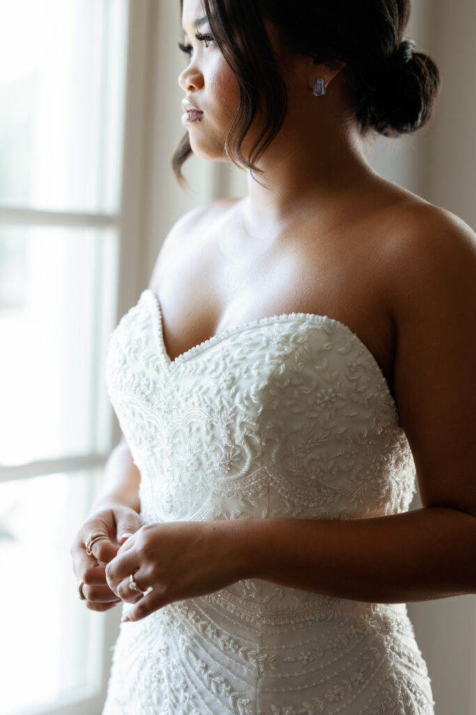 Texas wedding bride with sequined and ruffle wedding dress.